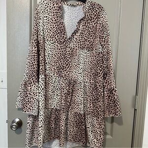 Leopard Print Flared Sleeve Dress Cheetah Ruffle Casual Lightweight Fall